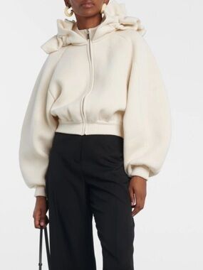 Jacquemus Crinoline Cream Zip-Up Ruffle Hoodie Wool/ Cotton Sweater XS/34